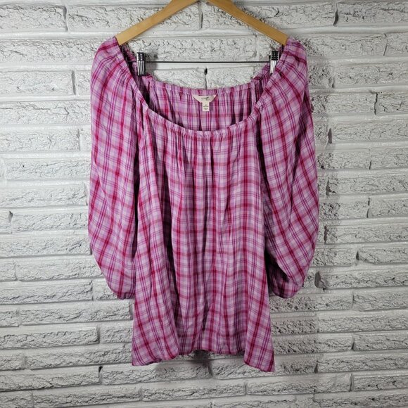 Terra Sky Womens Top 2X Plus Peasant Pink Plaid On Off Shoulder PLA114E - Picture 1 of 8